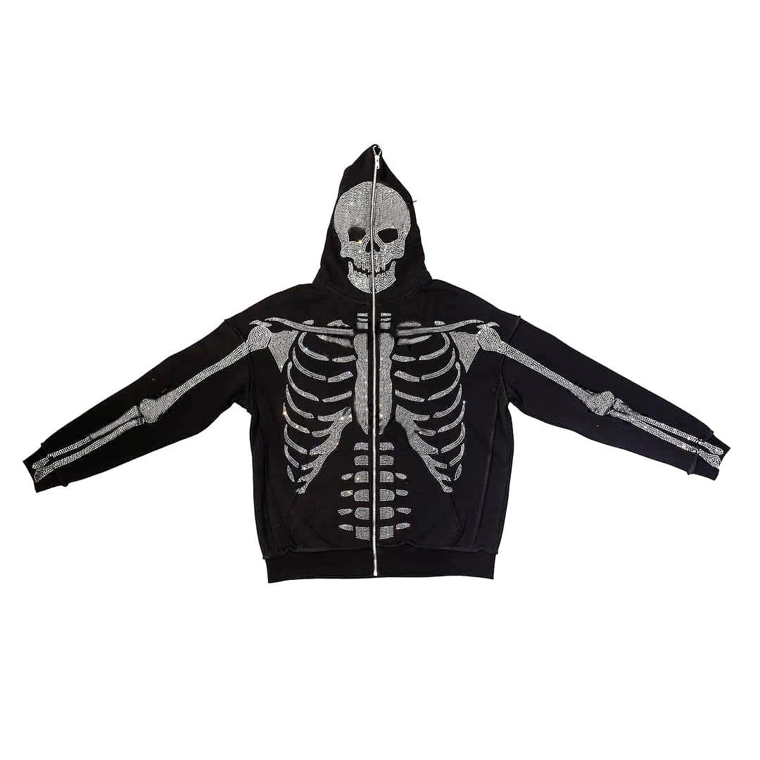 Women's Street Skull Rhinestone Zip Hoodie.