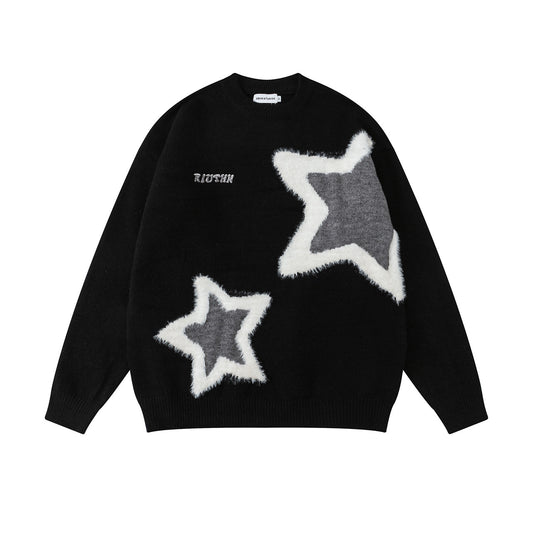 Unisex Hip-Hop Flocking Jacquard Round Neck Sweater.