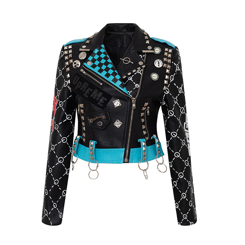 Women's Graffiti Printed Leather Motocycle Jacket.