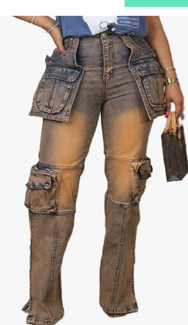 Women's Patchwork Multi-Pocket Harmonica Jeans.