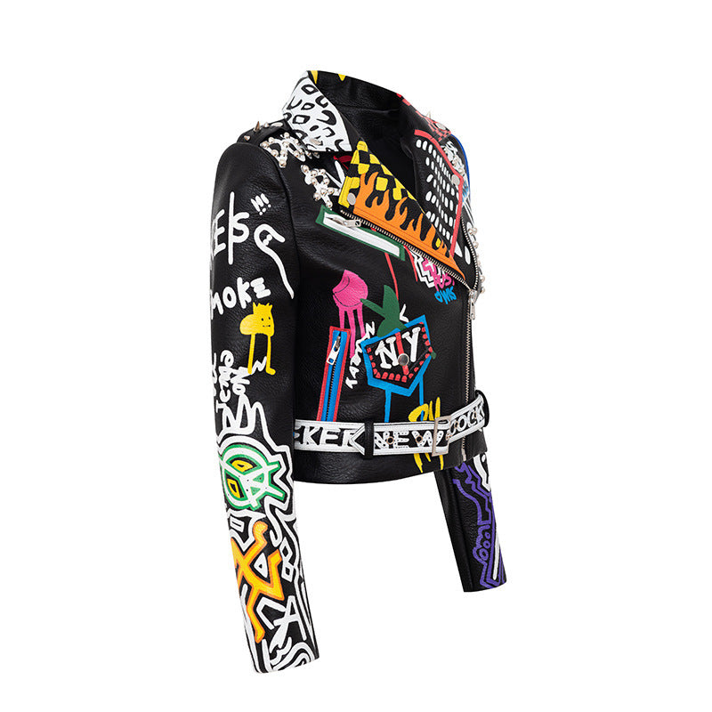 Women's Printed Hit Color Leather Motorcycle Jacket.