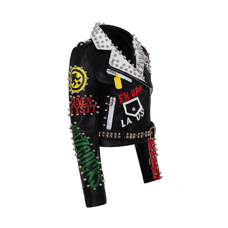 Women's Graffiti Printed Leather Motorcycle Jacket.