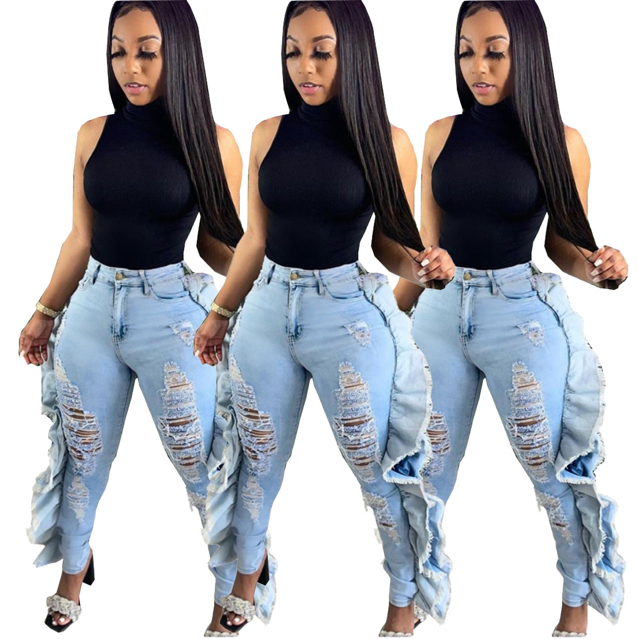 Women's Washed Personalized High Elastic Jeans.