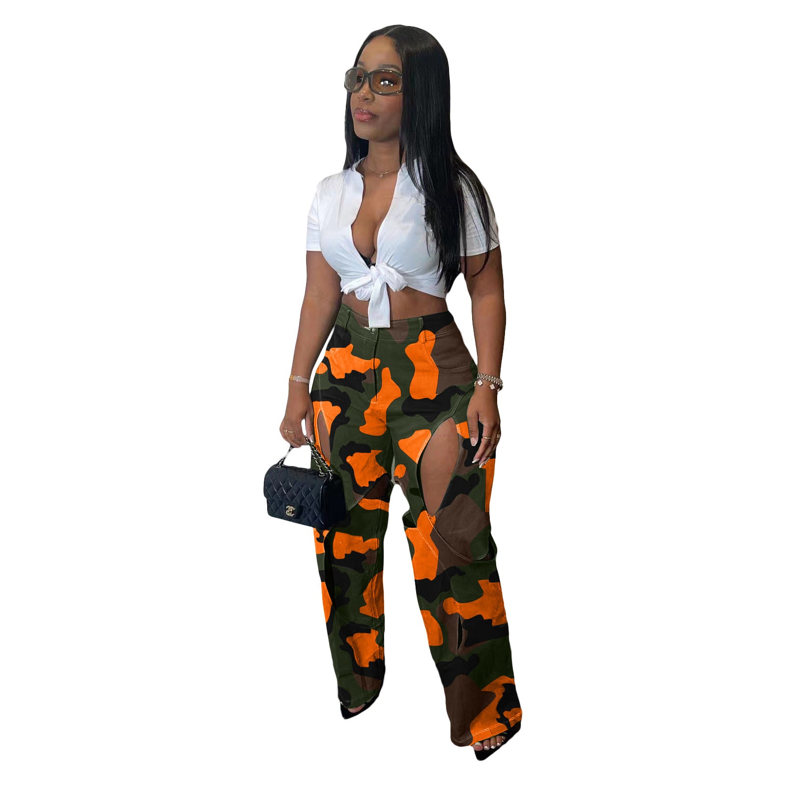 Women's Fashion HD Printing Hole Cross Pants.