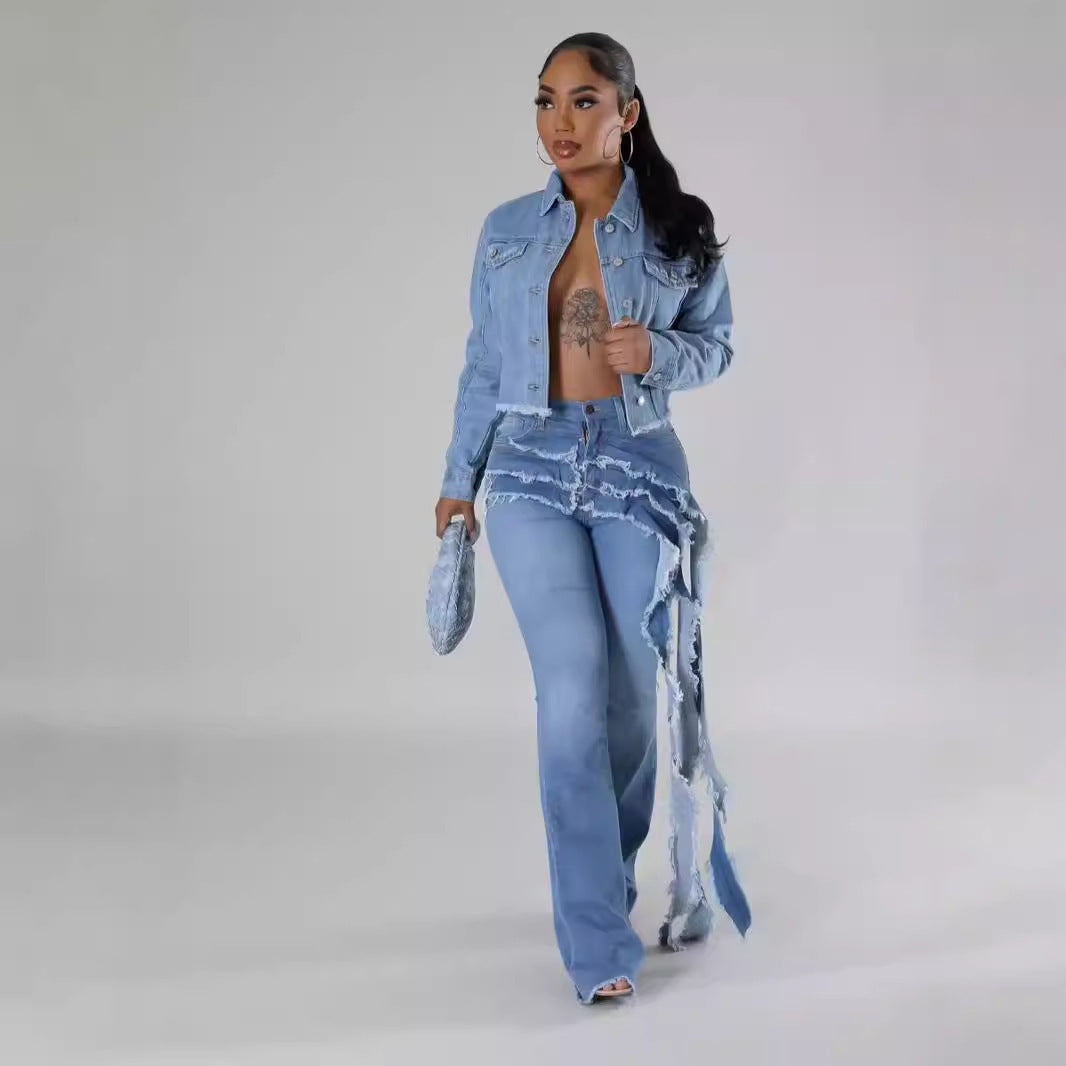 Women's Washed & Frayed Long Streamer Stretch Jeans.