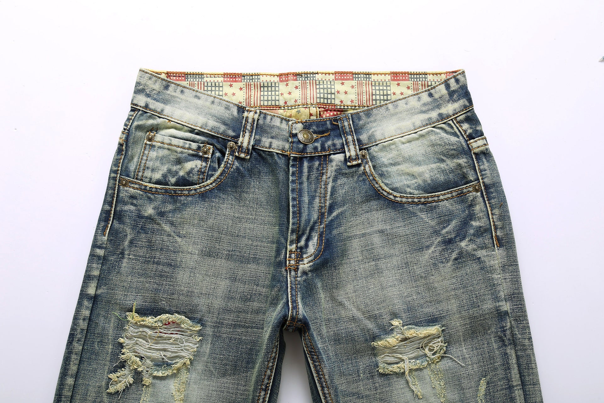 Men's Destruction Printed Mid-Rise Jeans.