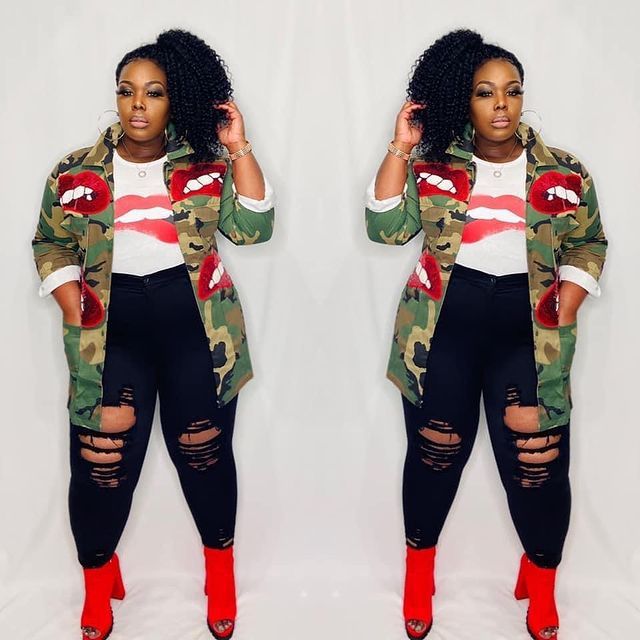 Women's Sequined Lips Camouflage Stand Collar Fashion Jacket.