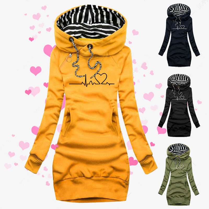 Women's Heart Print Long Hoodie Pullover.