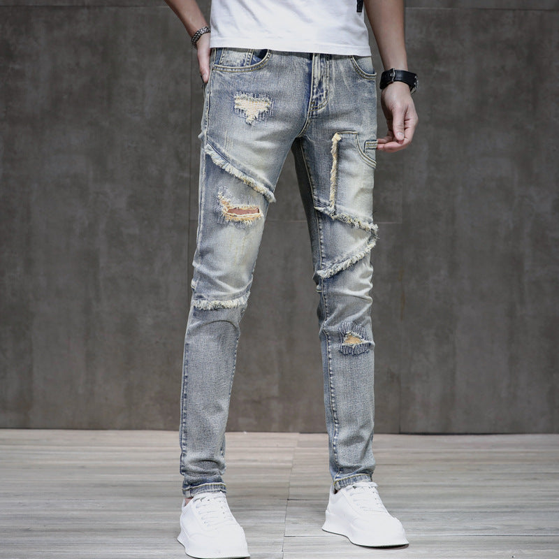 Men's Distressed Ripped Stitching Stretch Jeans.