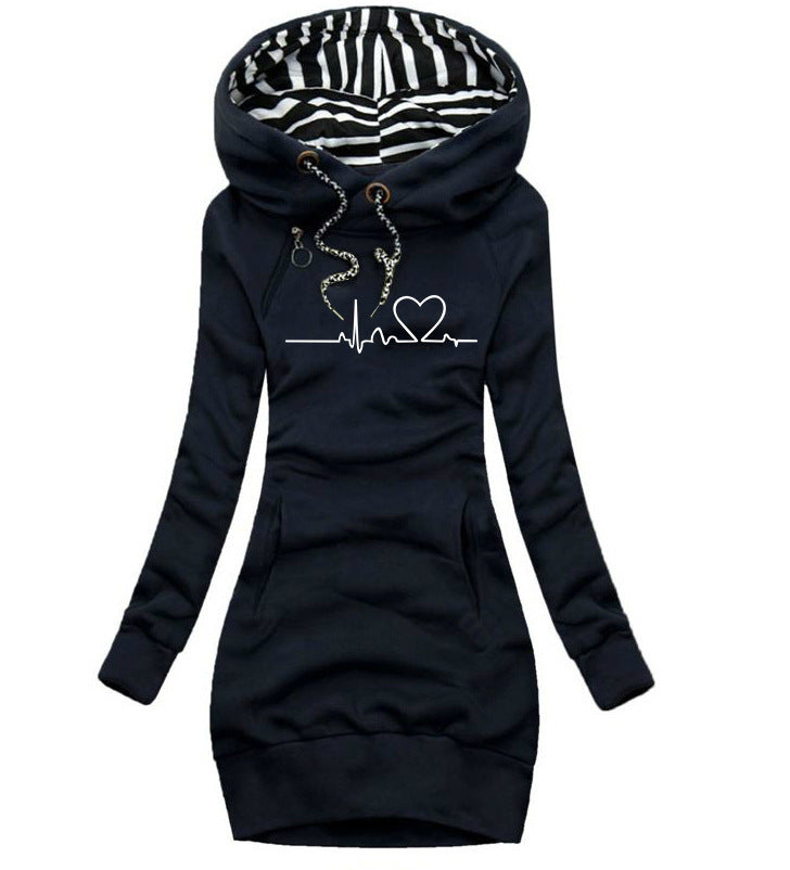 Women's Heart Print Long Hoodie Pullover.