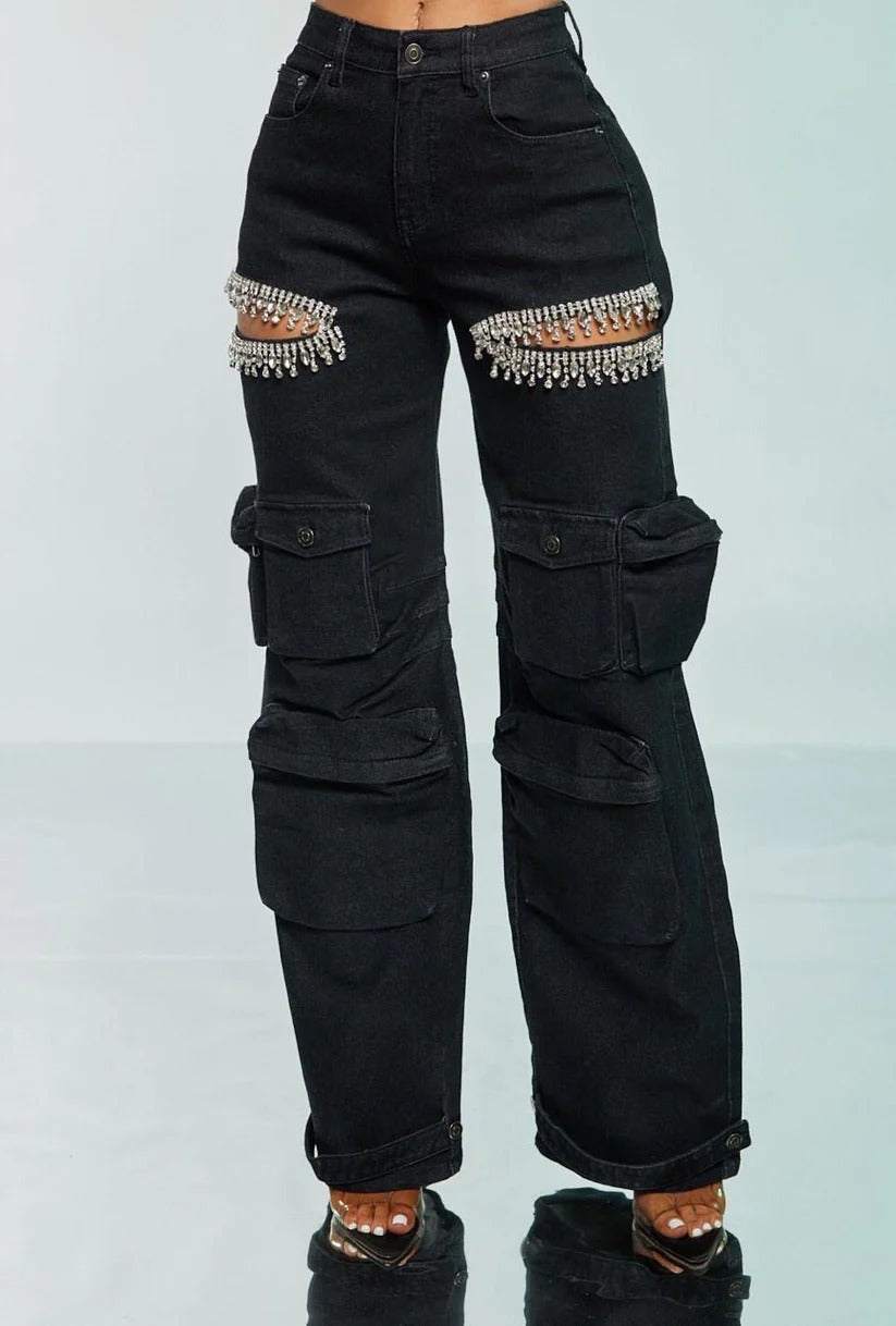 Women's Diamond Decorated Multi-Pocket Stretch Jeans.