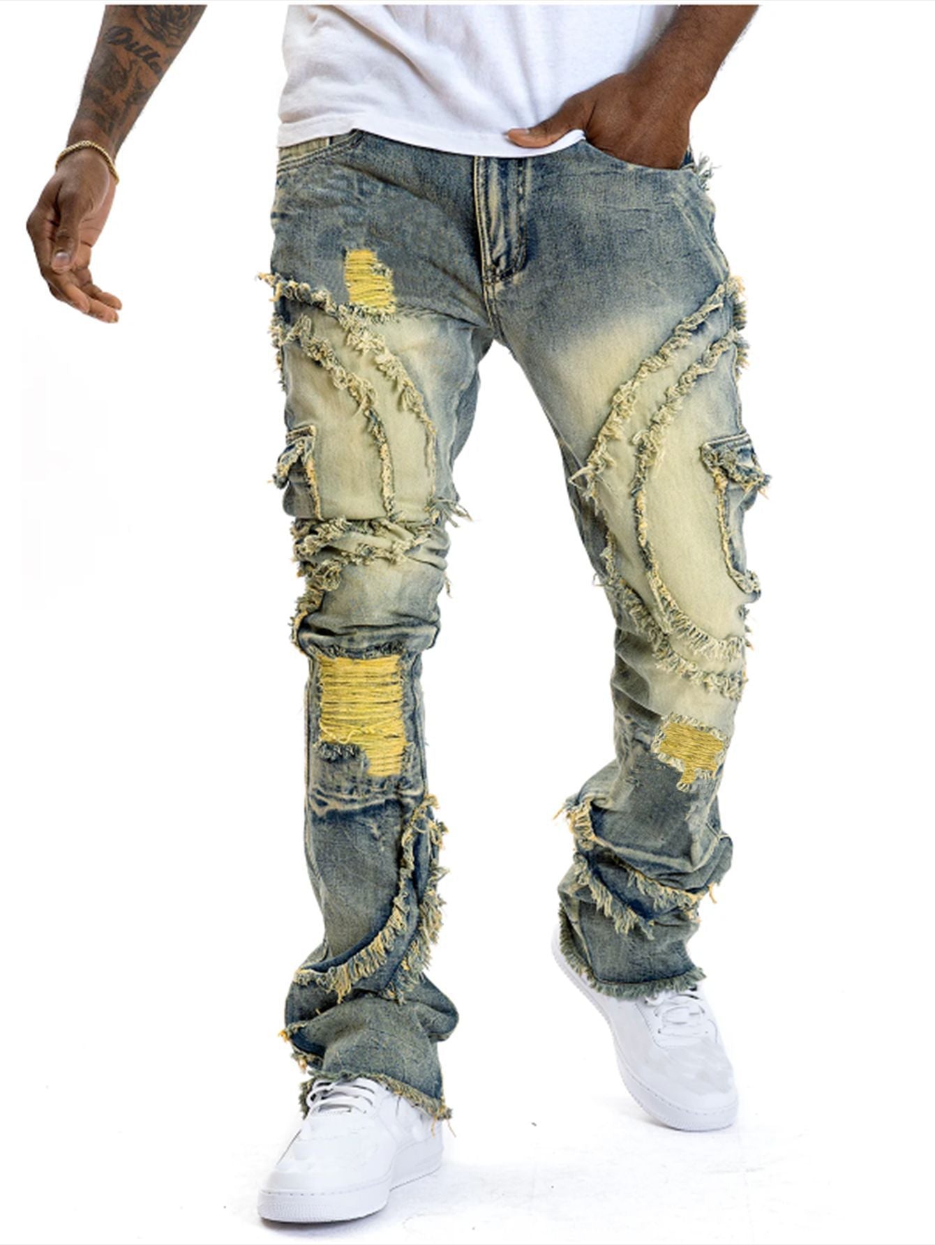 Men's Patchwork Fringe Flared Stretch Jeans.