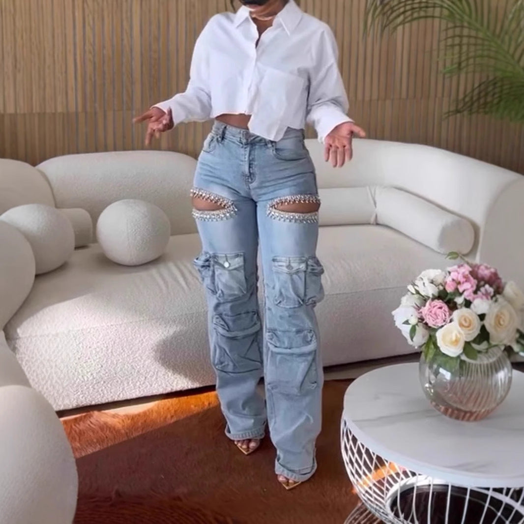 Women's Diamond Decorated Multi-Pocket Stretch Jeans.