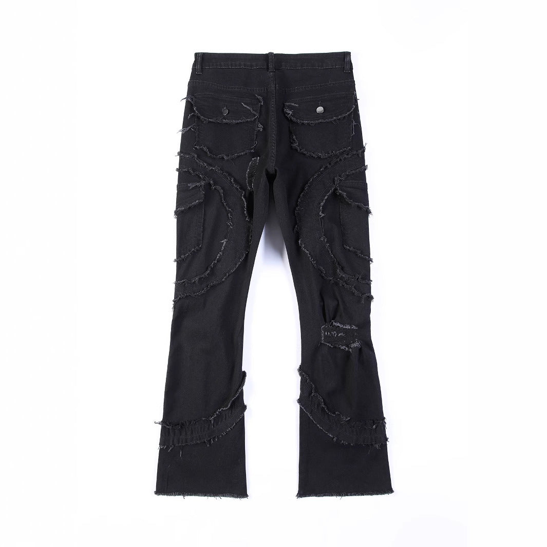 Men's Patchwork Fringe Flared Stretch Jeans.