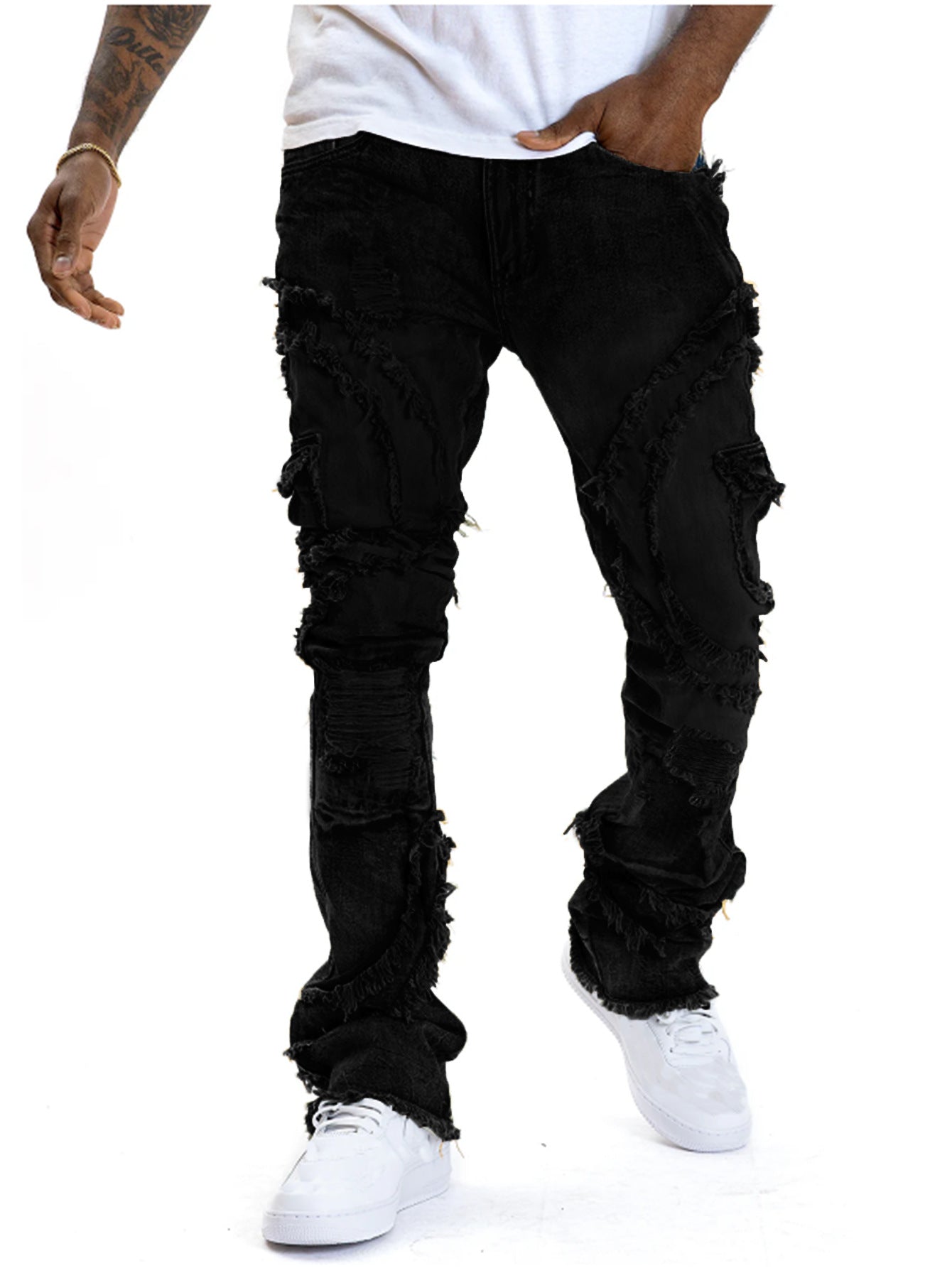 Men's Patchwork Fringe Flared Stretch Jeans.