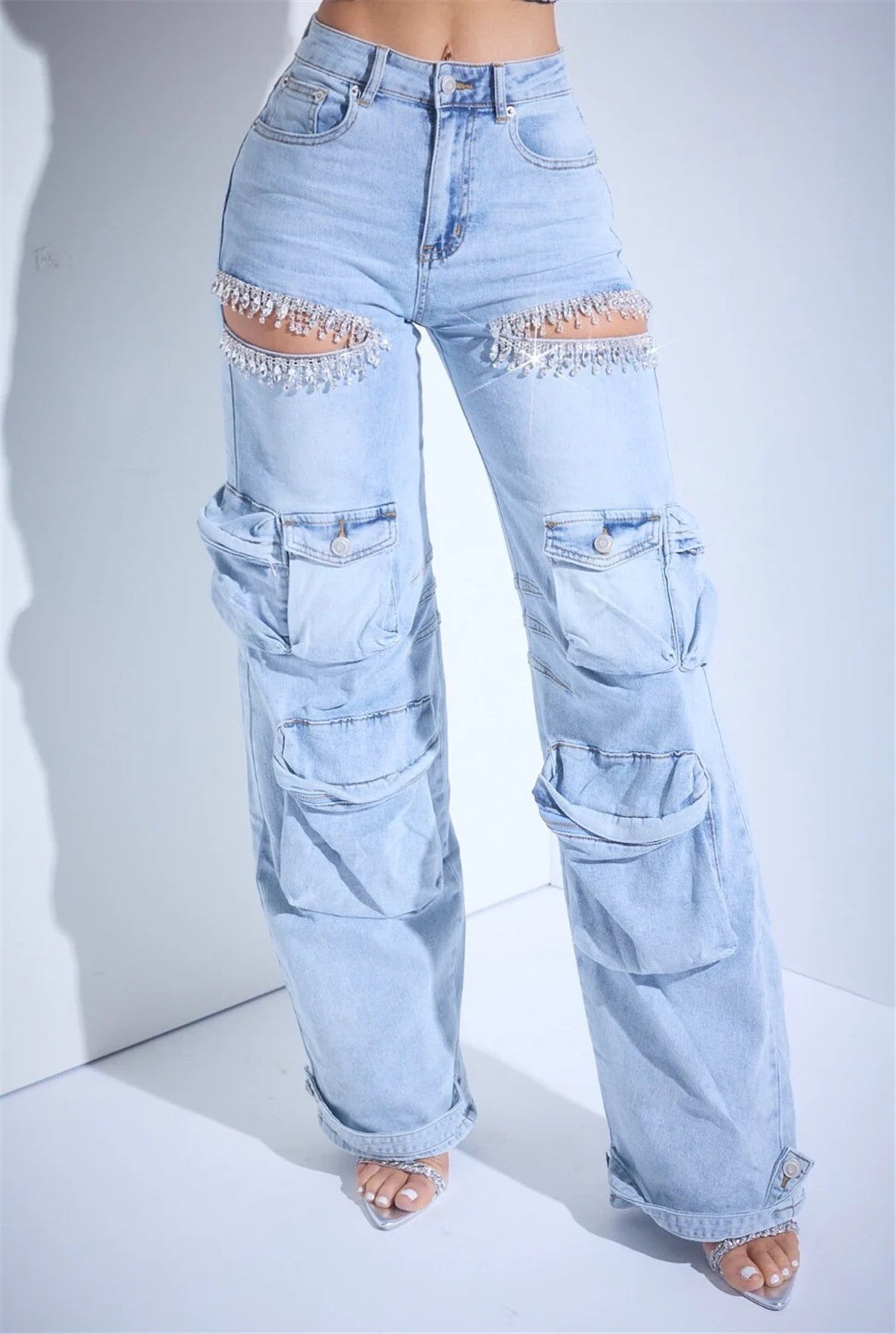 Women's Diamond Decorated Multi-Pocket Stretch Jeans.
