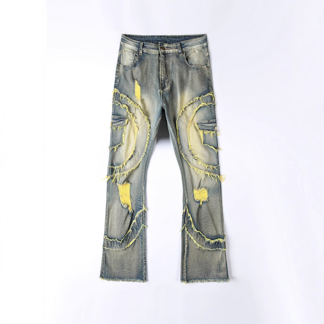 Men's Patchwork Fringe Flared Stretch Jeans.