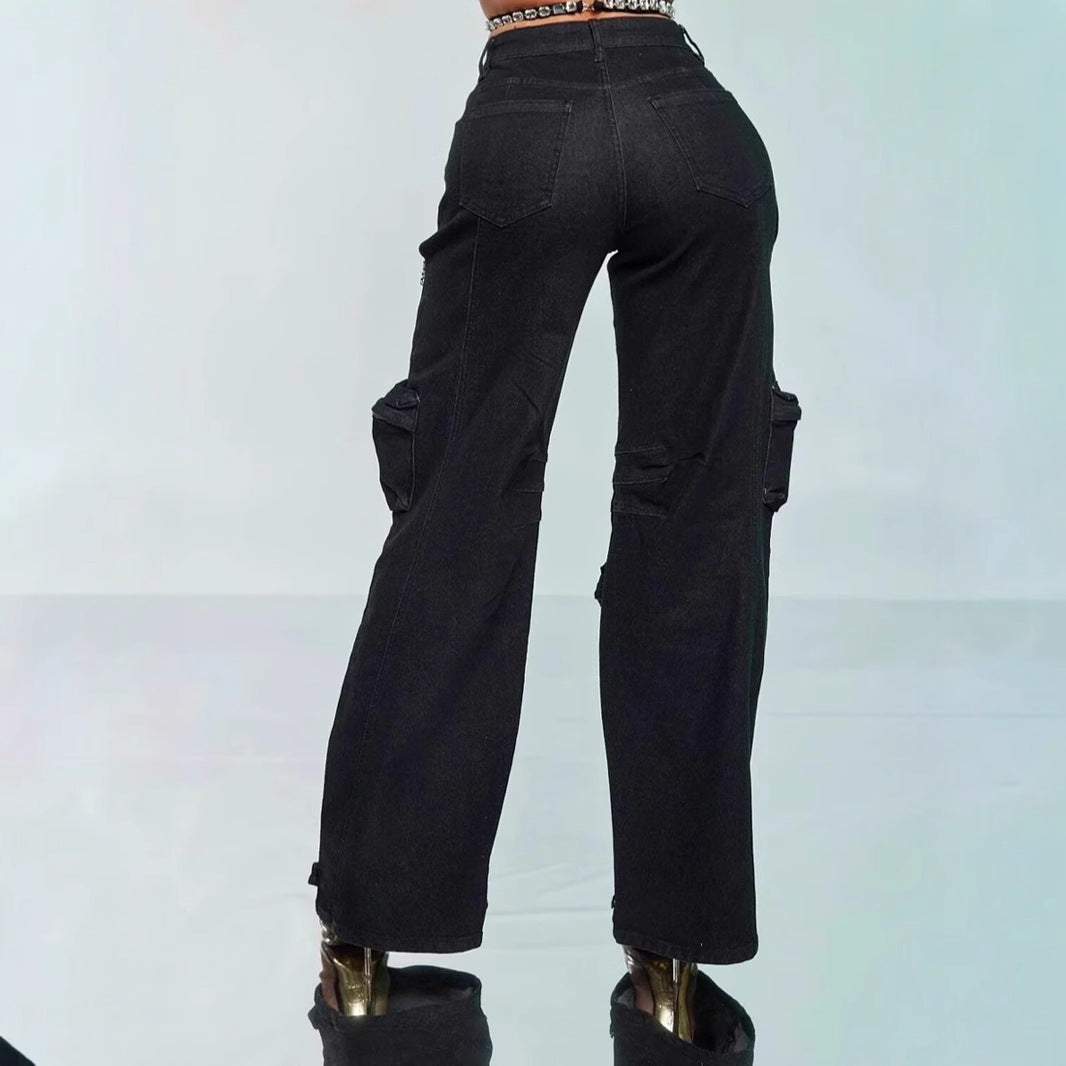 Women's Diamond Decorated Multi-Pocket Stretch Jeans.