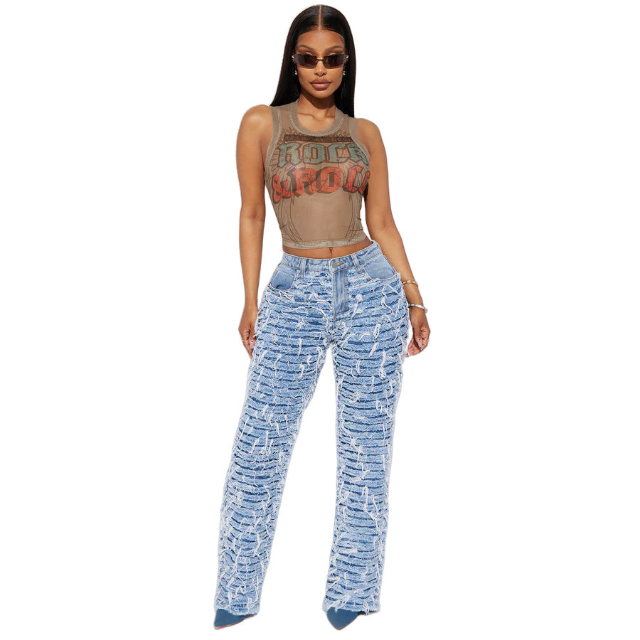 Women's High Waist Ripped Tassel Denim Jeans.