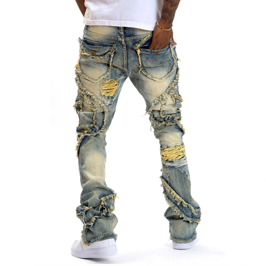 Men's Patchwork Fringe Flared Stretch Jeans.