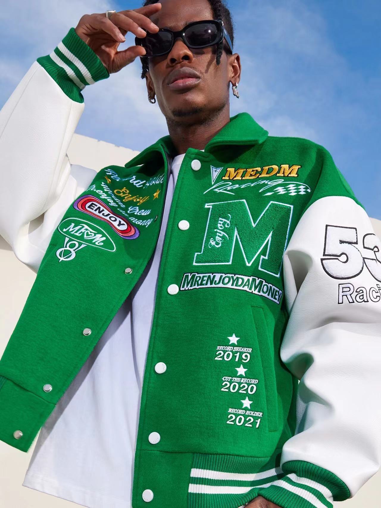 Men's Hip-Hop Embroidered Cotton Varsity Jacket.