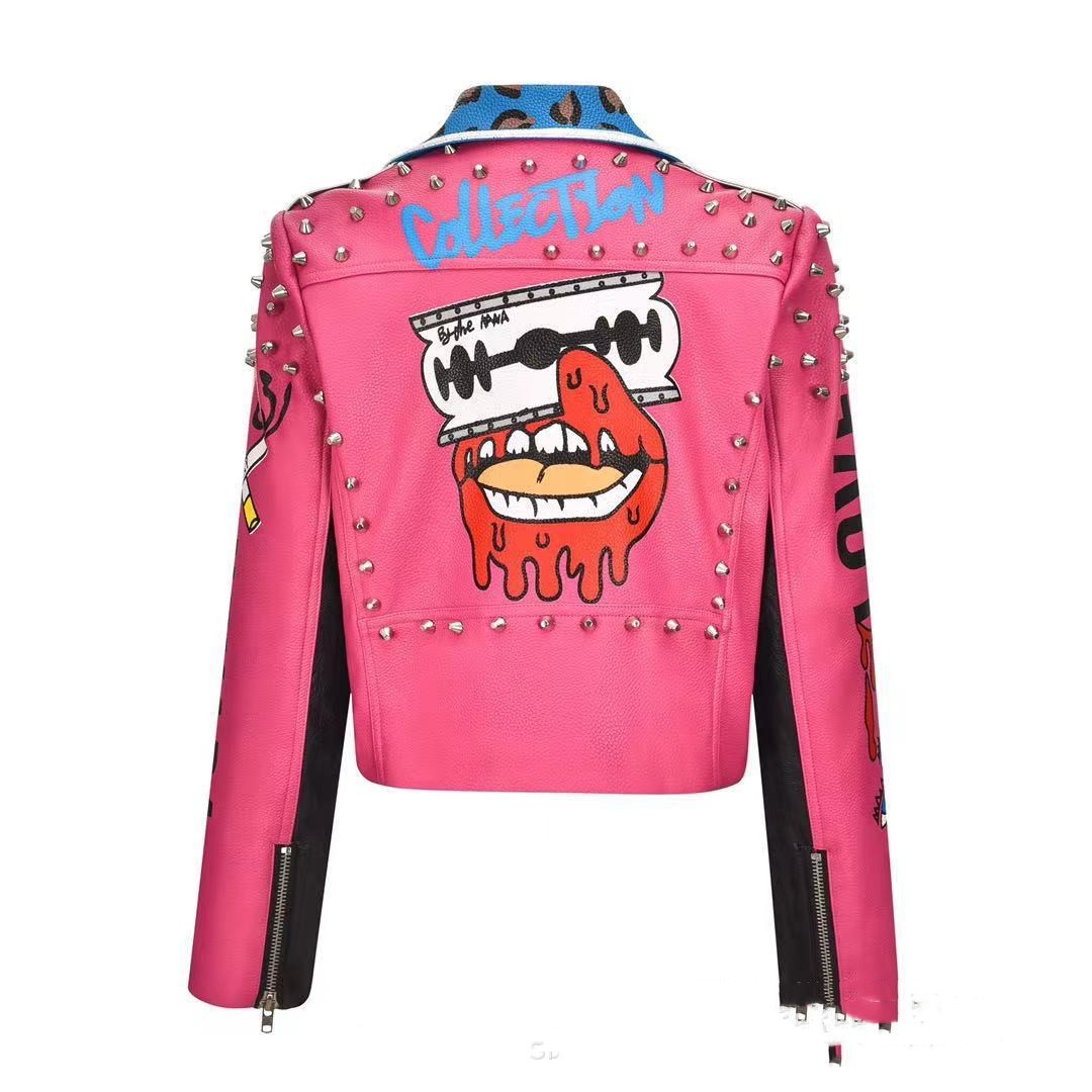 Women's New Letter Printing Rivet Motorcycle Jacket.