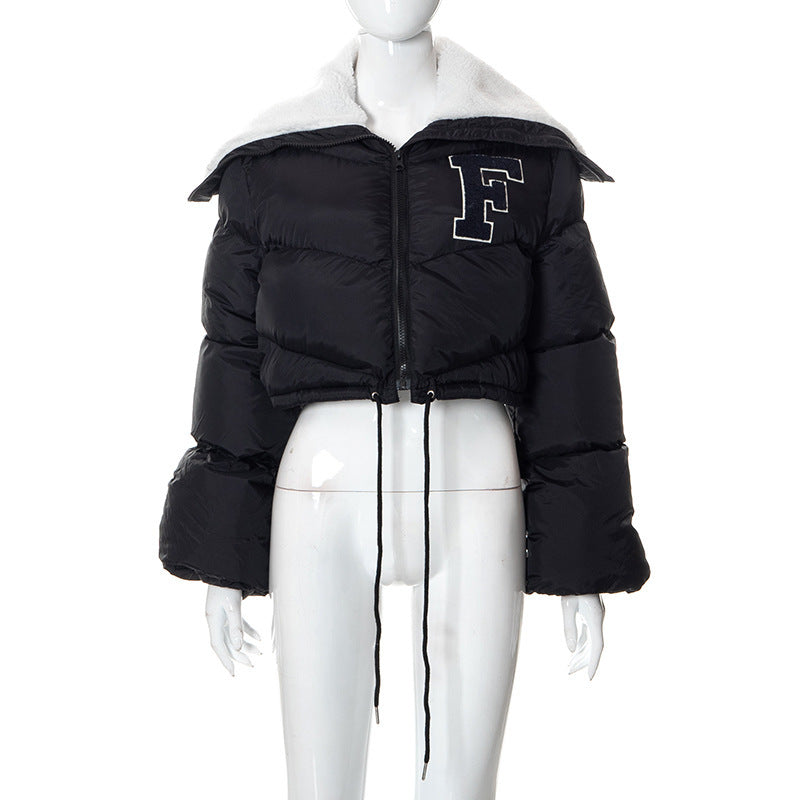 Women's Fur Collar Zip Drawstring Cotton-Padded Jacket.