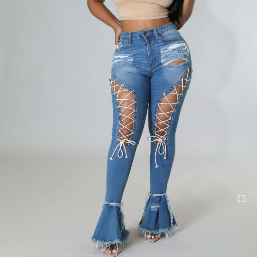 Women's Mid-Waist Denim Bell-Bottom Pants.