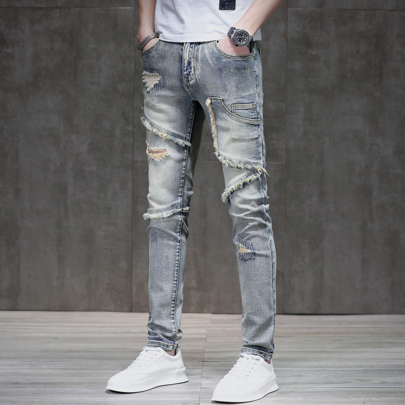 Men's Distressed Ripped Stitching Stretch Jeans.