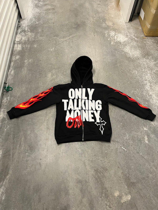 Men's Flame Letter Printed Hip-Hop Cardigan Hoodie.