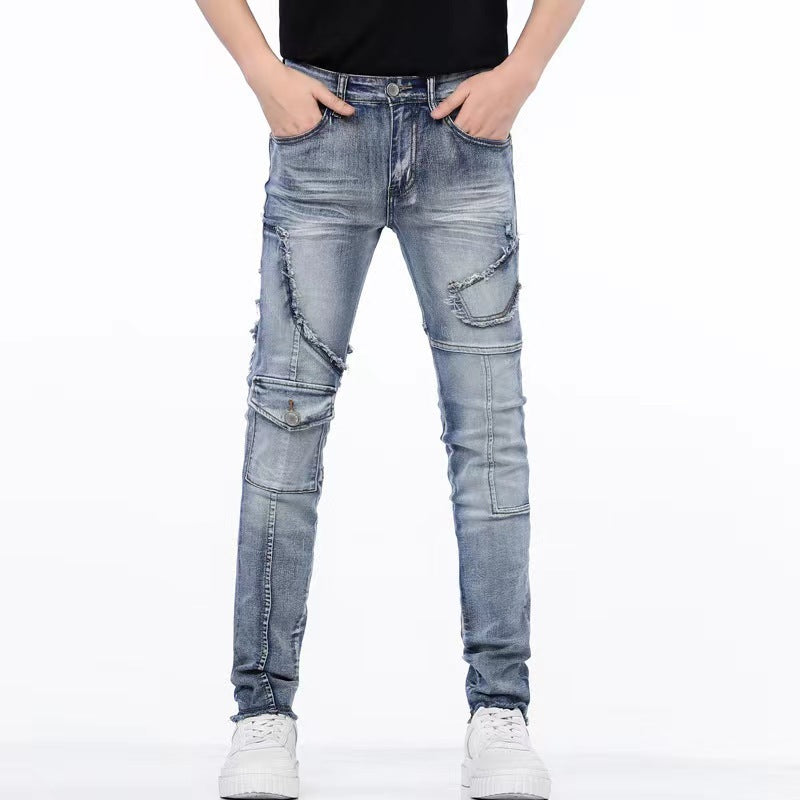 Men's Distressed Ripped Stitching Stretch Jeans.