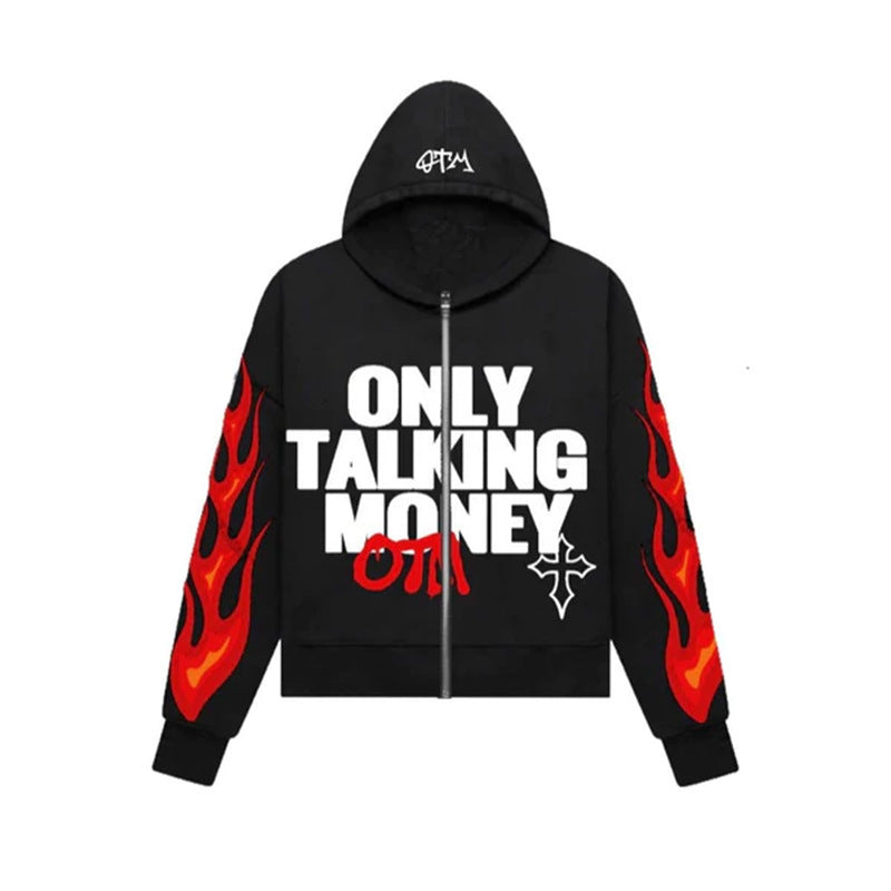 Men's Flame Letter Printed Hip-Hop Cardigan Hoodie.