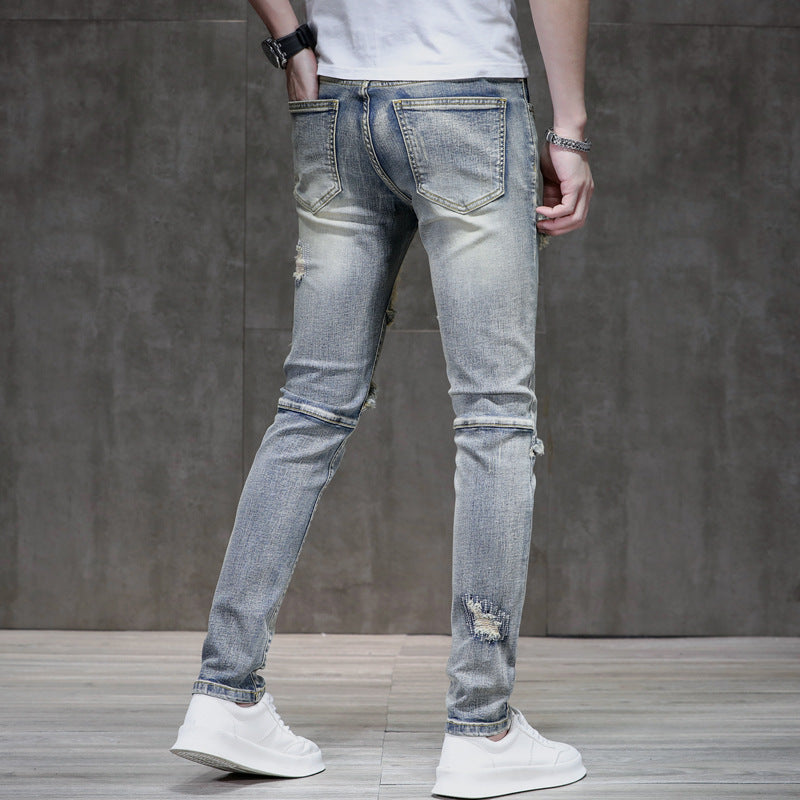 Men's Distressed Ripped Stitching Stretch Jeans.