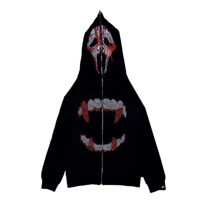 Women's Street Skull Rhinestone Zip Hoodie.