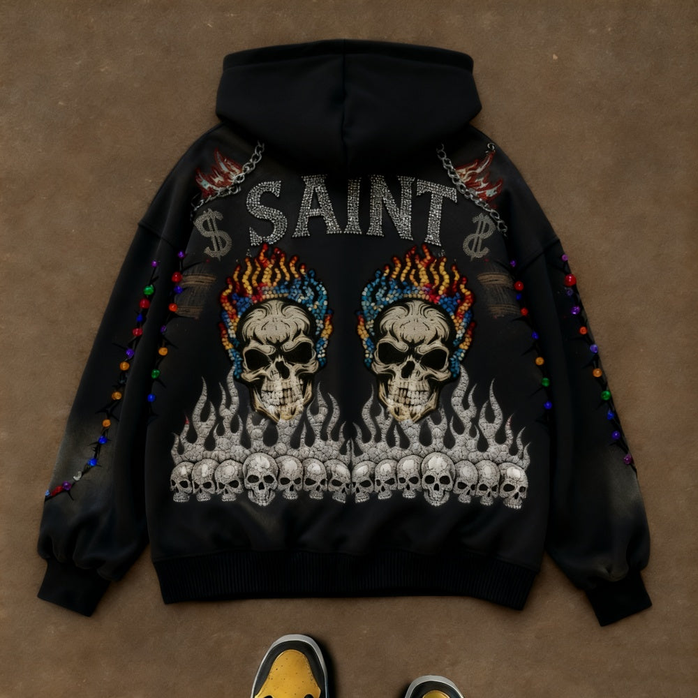 Men's Skull-Printed Diamond Embellished Hoodie.