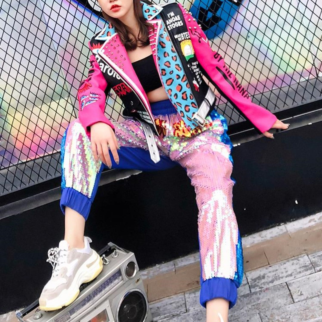 Women's New Letter Printing Rivet Motorcycle Jacket.