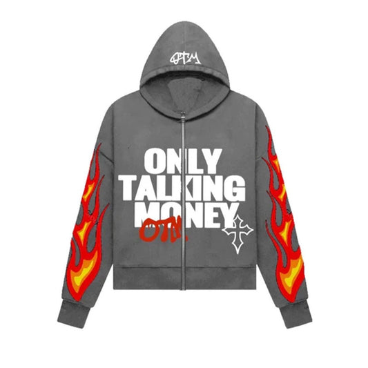 Men's Flame Letter Printed Hip-Hop Cardigan Hoodie.