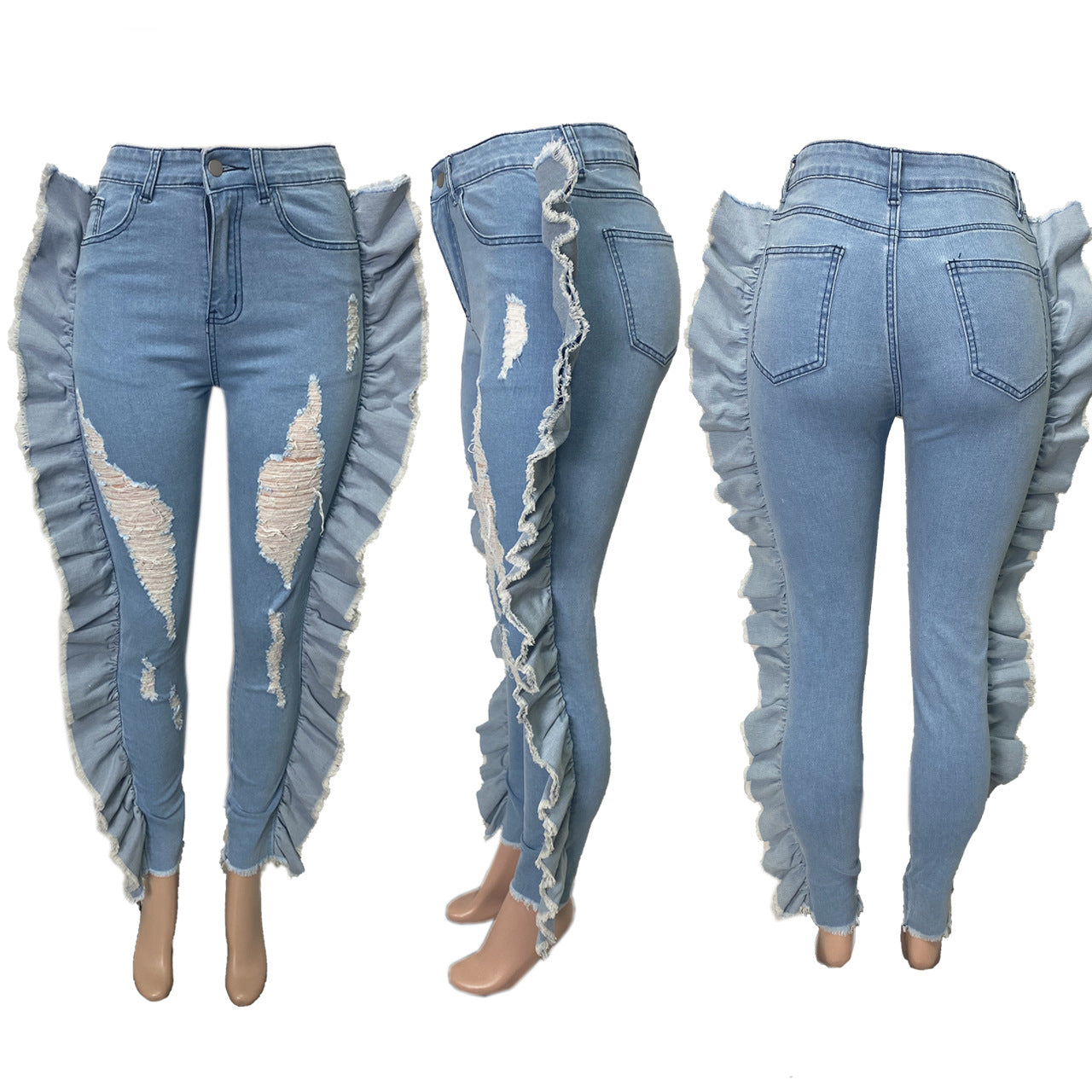 Women's Washed Personalized High Elastic Jeans.