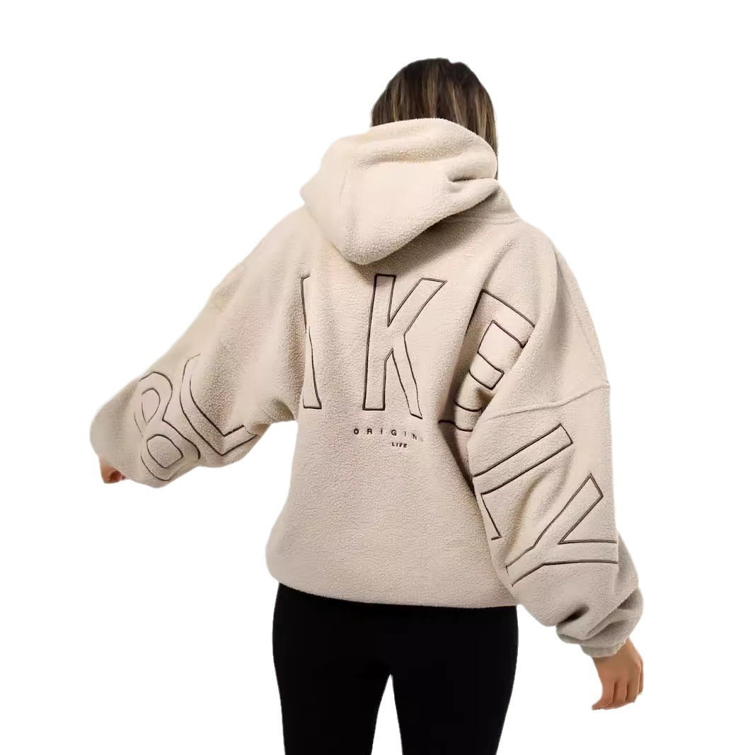 Women's Loose Embroidered Lamb Fleece Hoodie.