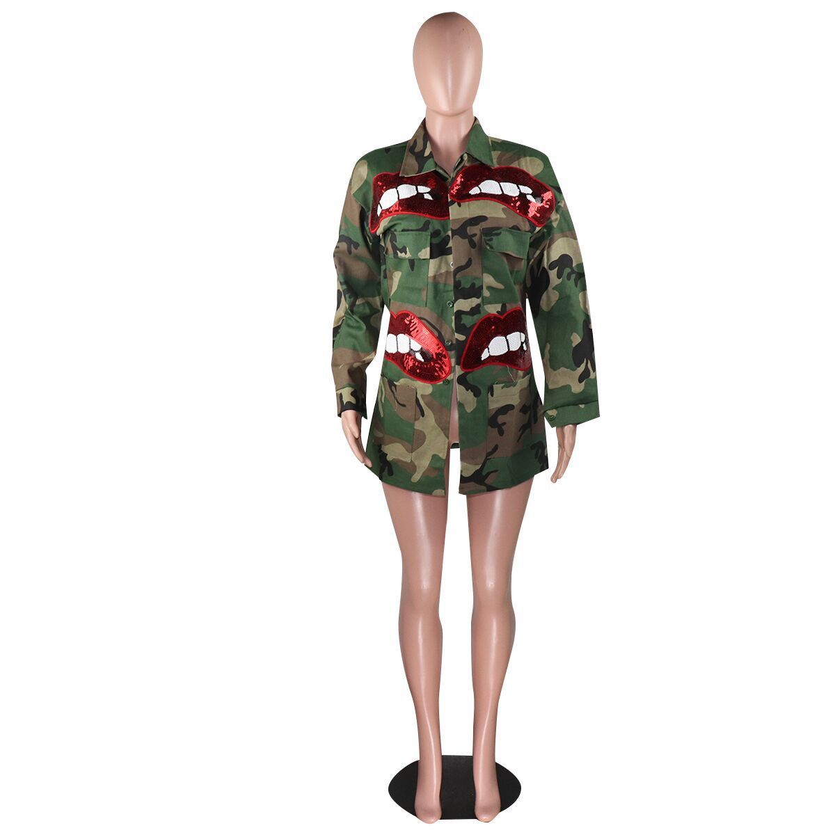 Women's Sequined Lips Camouflage Stand Collar Fashion Jacket.