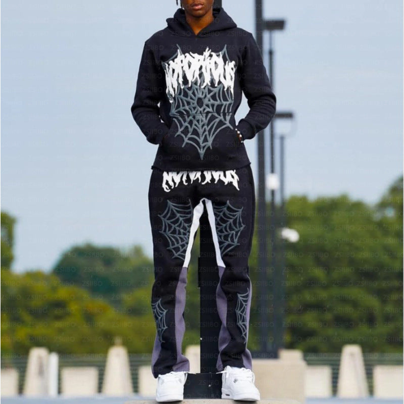 Unisex Spider Web Printed Stacked Hoodie Track Set.