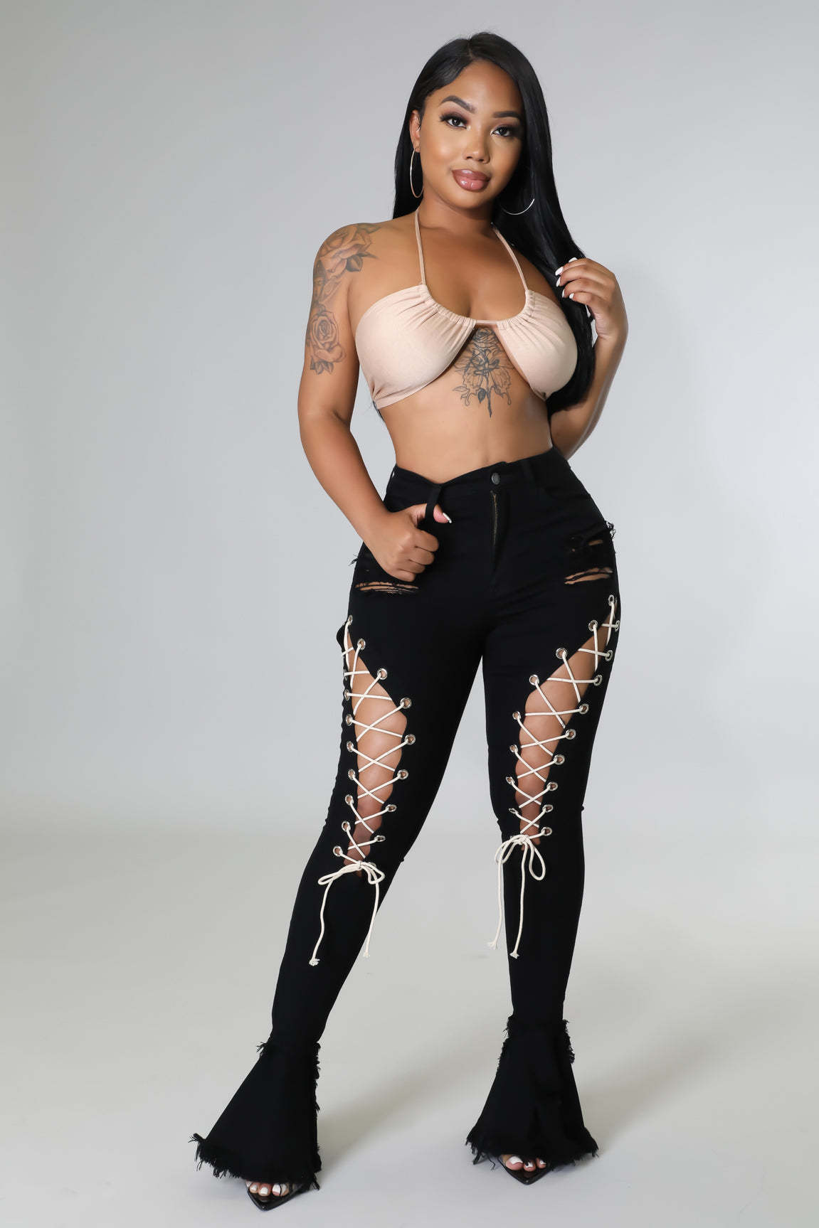 Women's Mid-Waist Denim Bell-Bottom Pants.