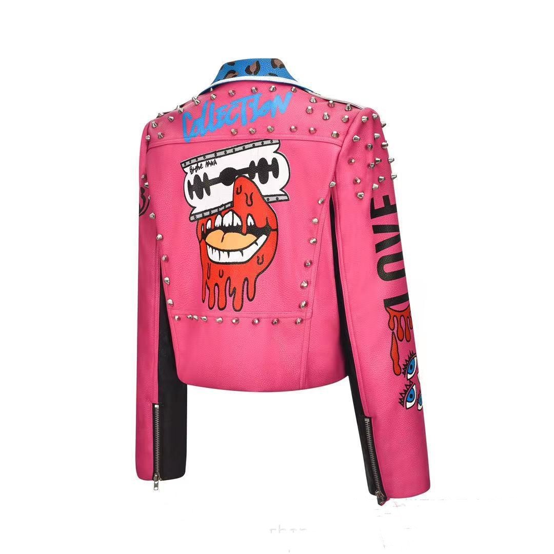 Women's New Letter Printing Rivet Motorcycle Jacket.