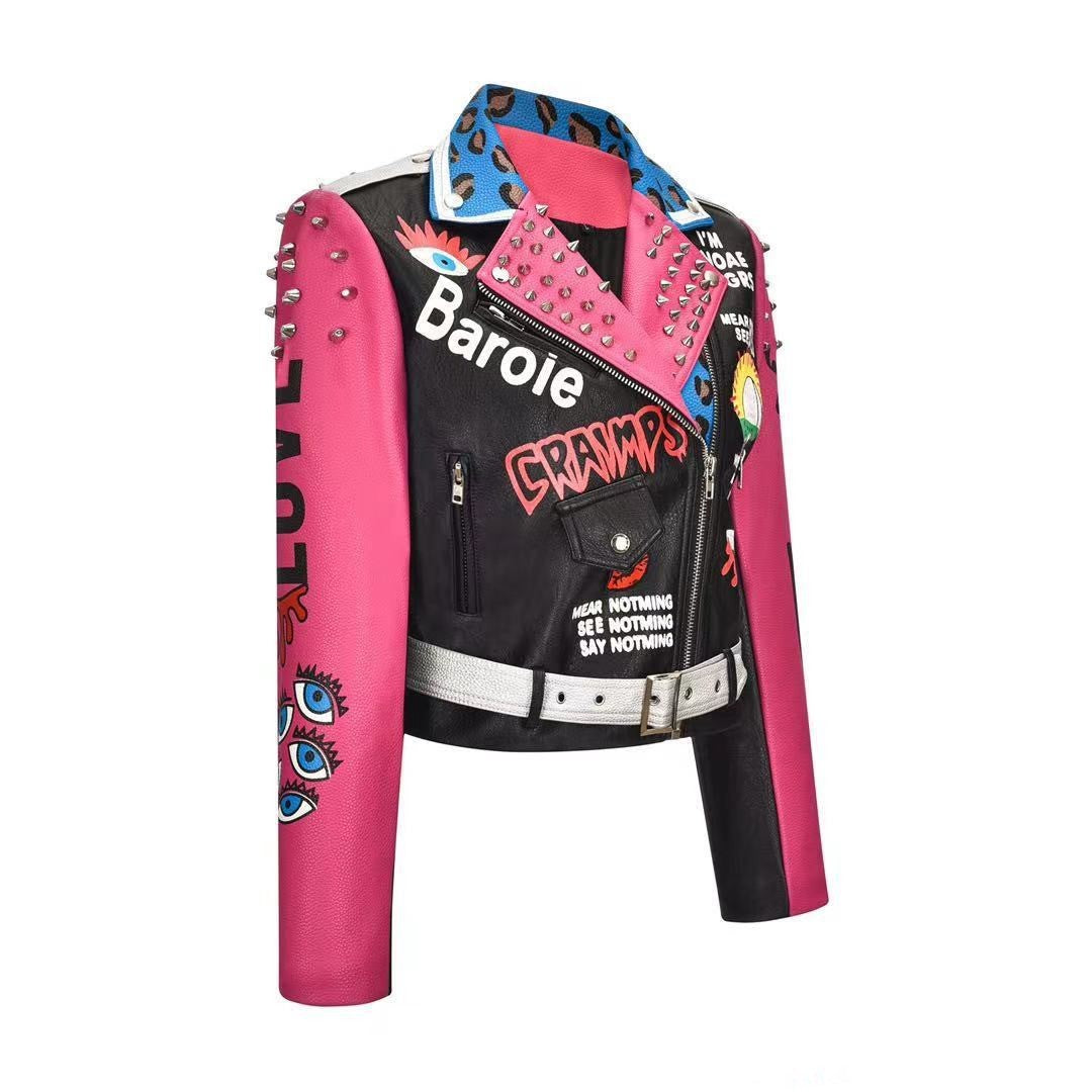 Women's New Letter Printing Rivet Motorcycle Jacket.