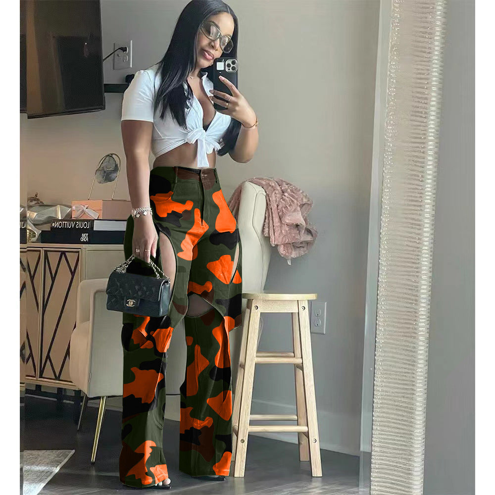 Women's Fashion HD Printing Hole Cross Pants.