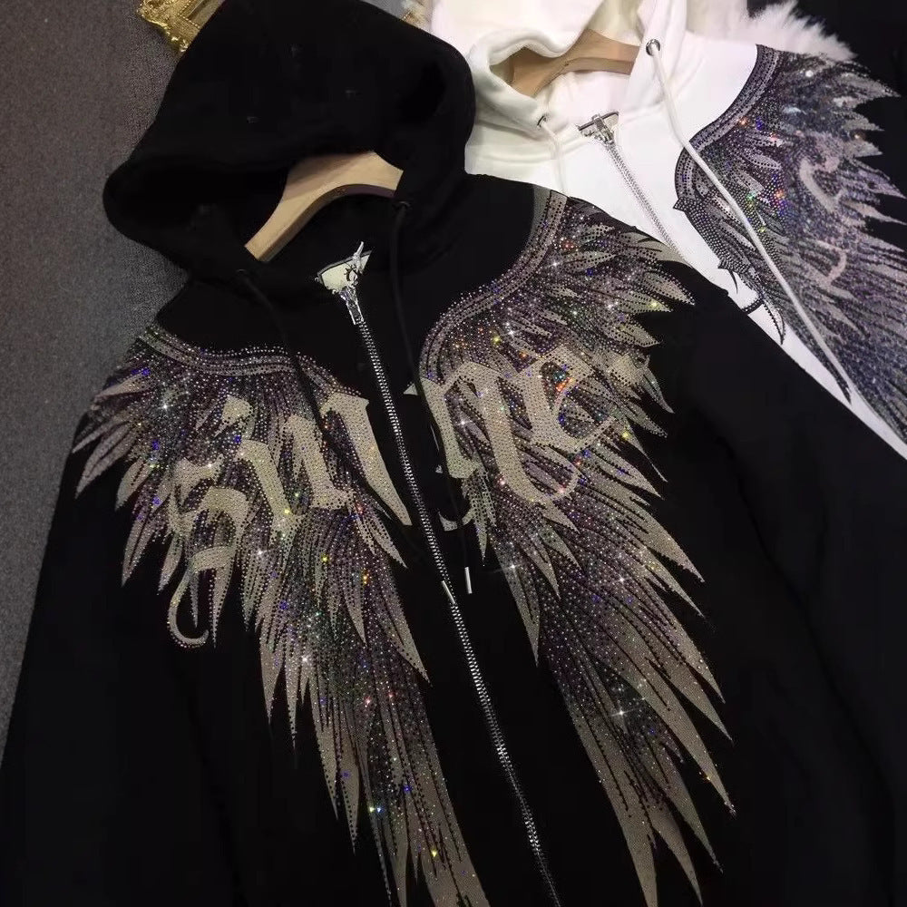 Unisex Heavy Embroidery Hot Drilled Zip Hoodie.