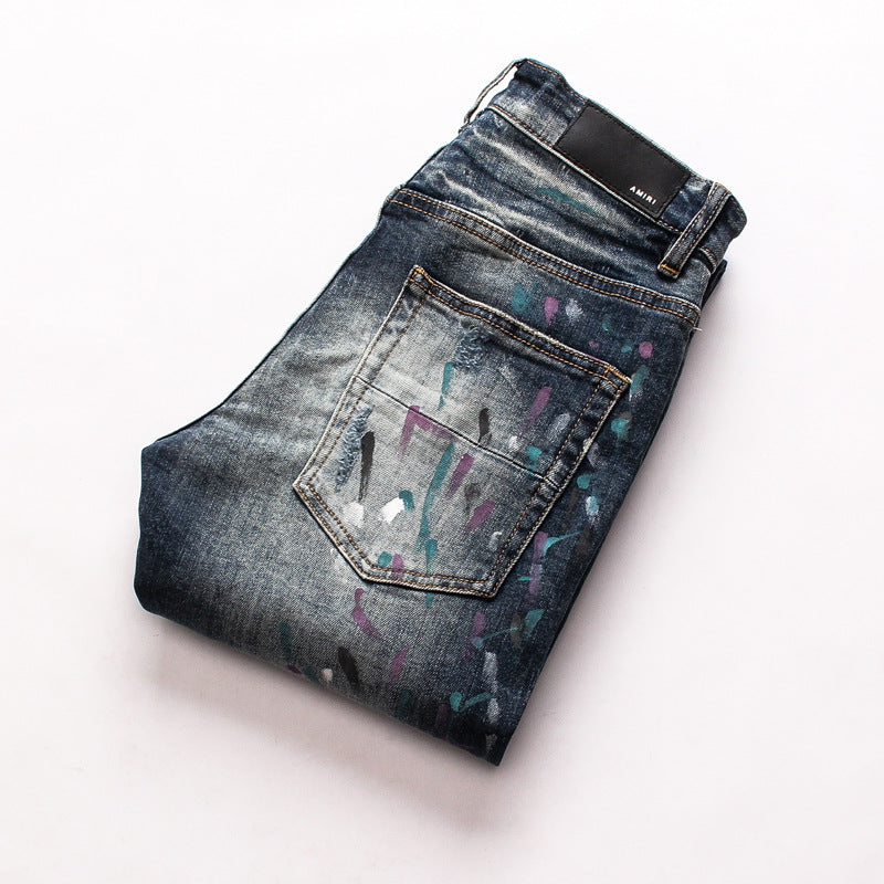 Men's Ripped Inkjet Personality Jeans.