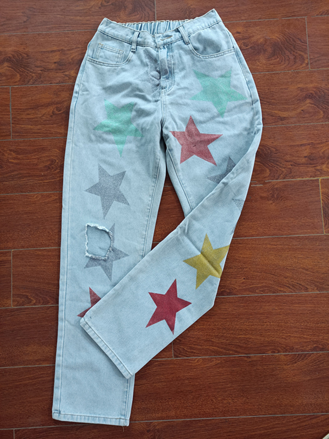 Women's Denim Ripped Five-pointed Star Jeans.