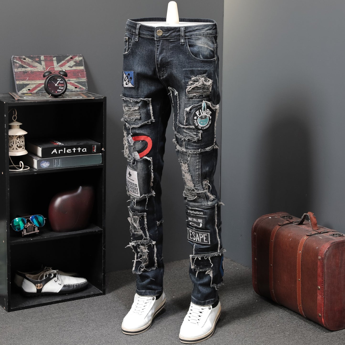 Men's Shredded Patch Embroidered Badge Jeans.